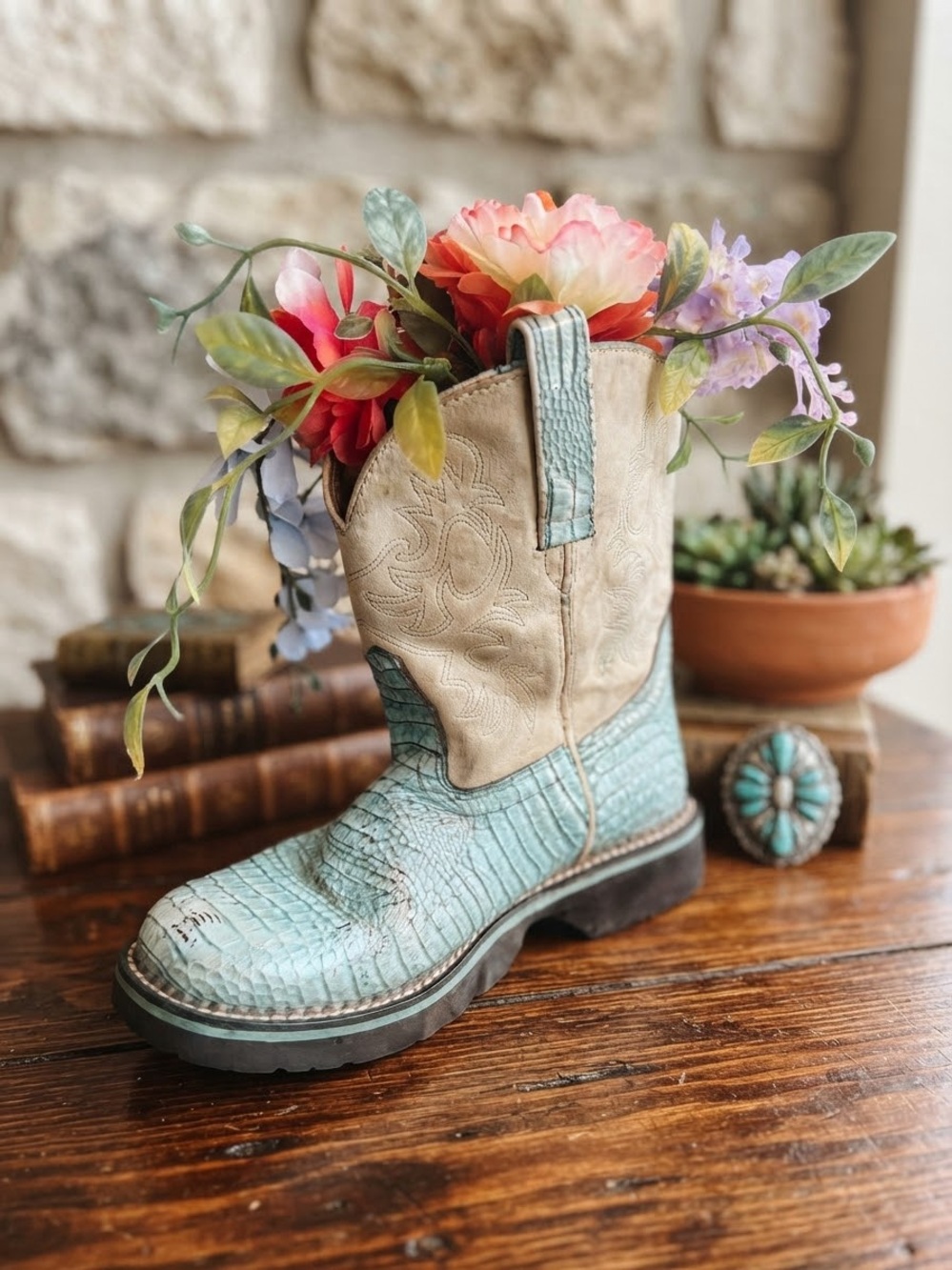 Rustic Western Cowboy Boot Vase Planter Ariat Size 8.5 Turquoise Boho Home Decor